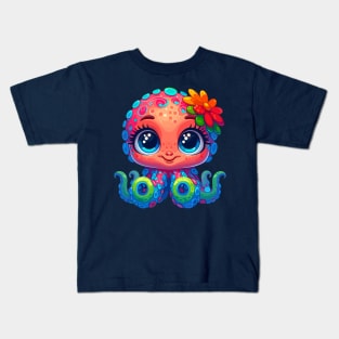 Colorful Octopus with Long Lashes and Big Eyes - Cute and Kawaii Digital Art Kids T-Shirt